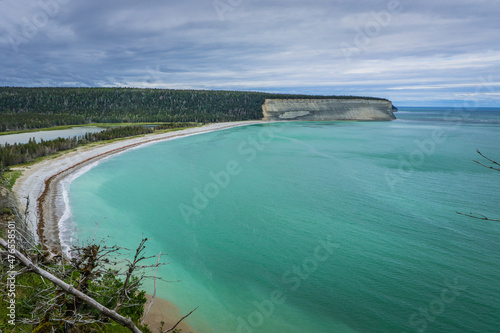 View on Baie de la Tour from the hiking trail of Les Telegraphes in Anticosti National park, located in the St Lawrence estuary, in Cote Nord region of Quebec, Canada