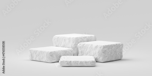 White stone plate cosmetic podium 3d background or abstract empty product display floor platform broken and blank rock stage stand on plaster concrete pedestal backdrop with natural marble show scene.