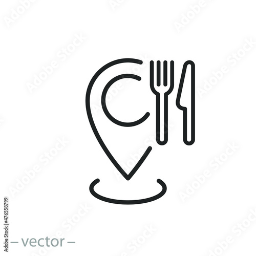 lunch point icon, location restaurant or caffe, pin on map for eat, food on the road, cutlery, fork and knife, thin line symbol - editable stroke vector illustration