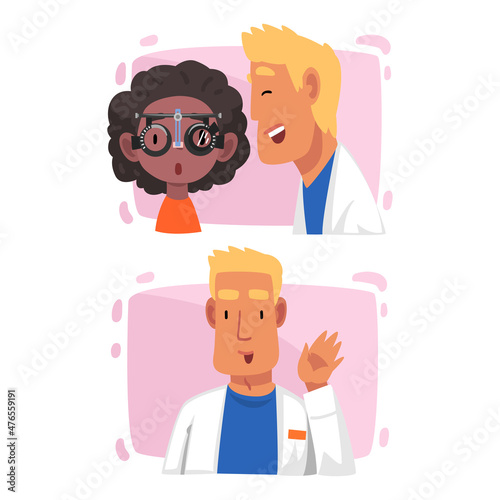 Ophthalmology Diagnostics with African American Girl Having Eyesight and Vision Checkup and Correction Vector Set