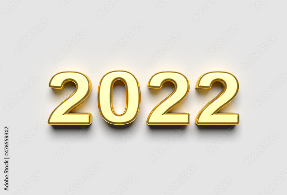 Metallic Gold 2022 new year 3d render illustration isolated on white background, laying flat on a surface. Metallic Gold 2022 new year 3d render illustration isolated on white background, laying flat on a surface.