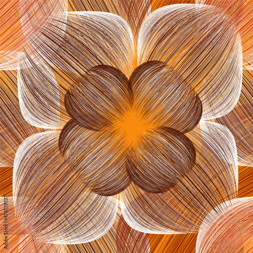 Seamless pattern with abstract flowers with grunge striped petals in brown, white , orange colors