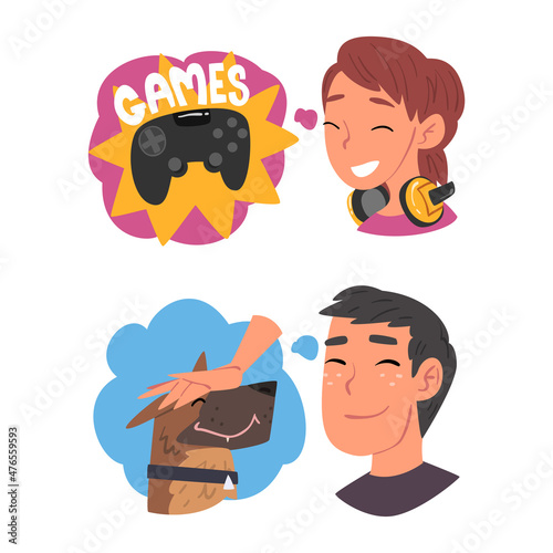 Young Man and Woman Thought and Need in Cloud Vector Set