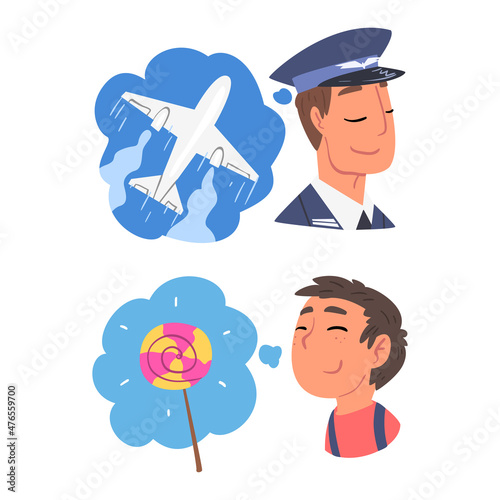 Young Man and Boy Thought and Need in Cloud Vector Set