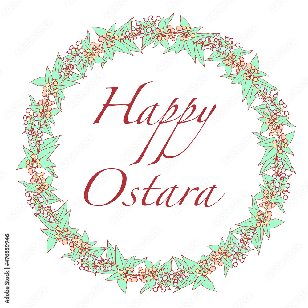 Pagan Festival Ostara greeting card. Vector frame design in pastel colors with lettering Happy Ostara.