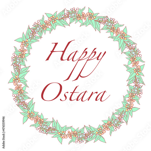 Pagan Festival Ostara greeting card. Vector frame design in pastel colors with lettering Happy Ostara.