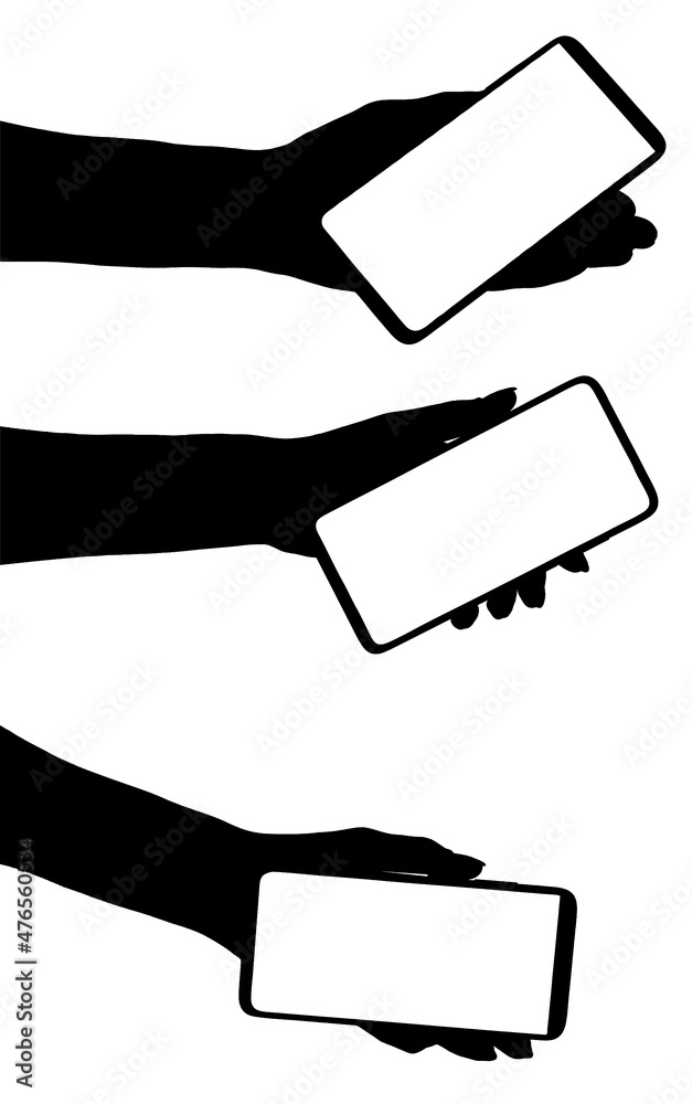 Collage illustration of a silhouette of a hand holding the smartphone with blank screen isolated white background. set hands using phone Collage illustration of a silhouette of a hand holding the smartphone with blank screen isolated white background. set hands using phone