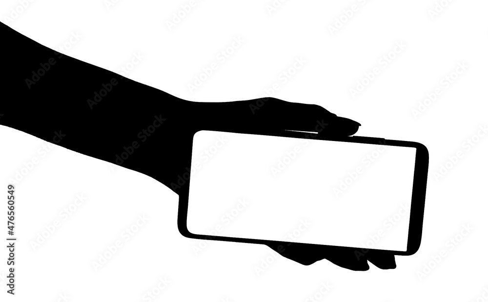 illustration of a silhouette of a hand holding the smartphone with blank screen isolated white background.  hands using phone