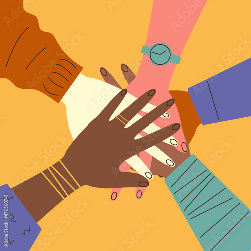 Hands of people of different nationalities together top view. Diversity concept. Vector stock illustration in flat style. 