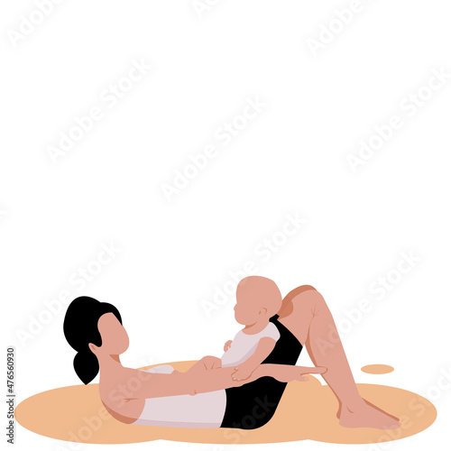 No face Mother and Sun are doing yoga together.Cute child sitting on top of his Mum is Yoga pose on white background.Vector isolate flat design concept for Happy Mother`s Day Greeting Card or Yoga day