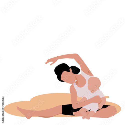 No face Mother Holding Baby Son In Arms doing yoga.Newmum exercising Yoga pose and hug Child arm on white background.Vector isolate flat design concept for Happy Mother`s Day Greeting Card,Yoga day.