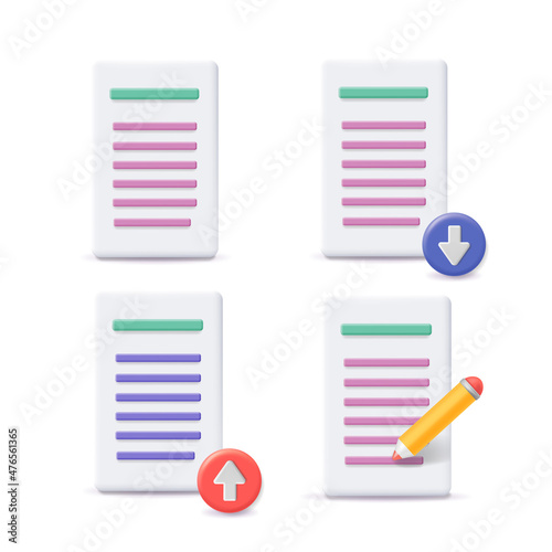 File Icons. Download Upload document icon. Paper sheet with penci 3d style. Vector illustration photo