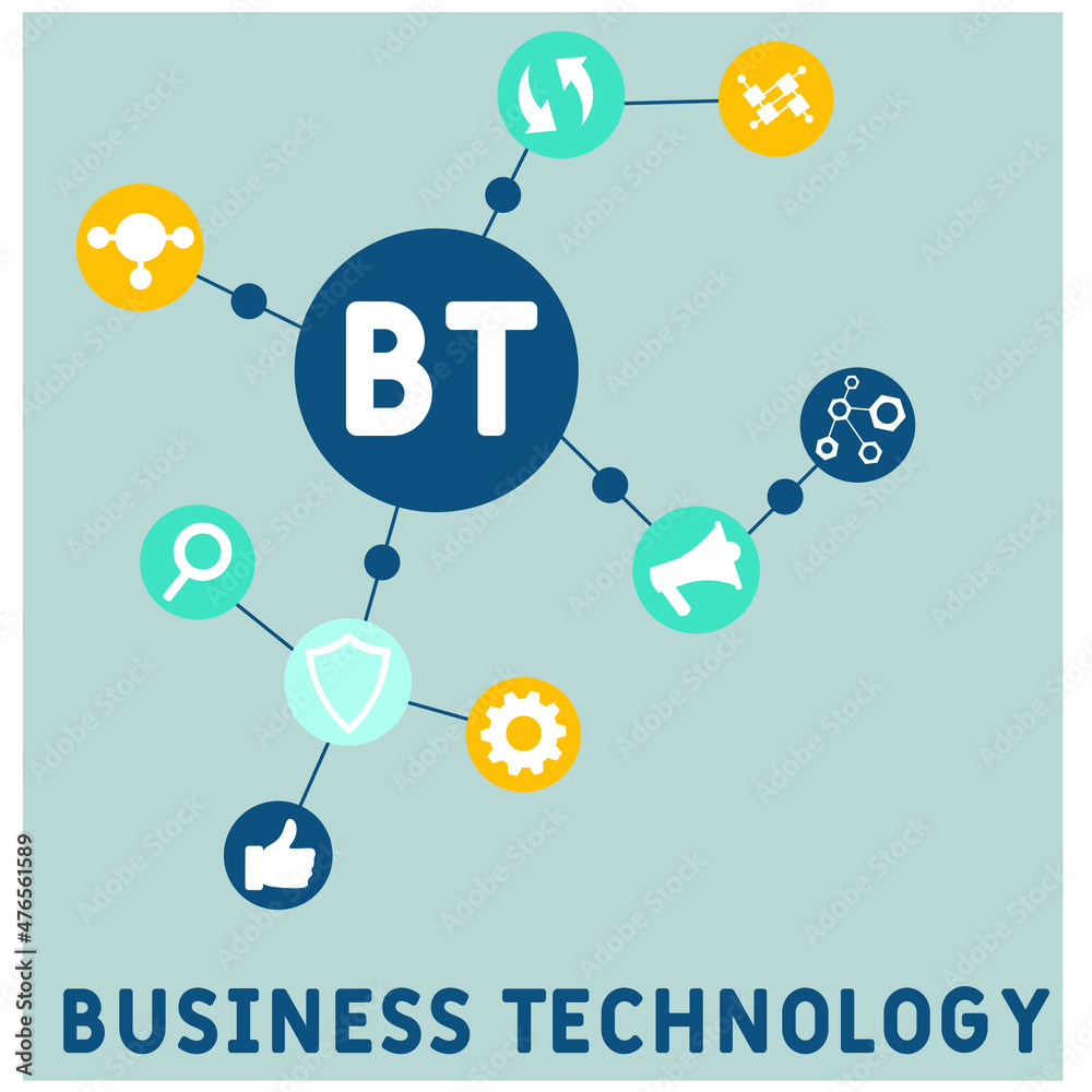 BT - Business Technology acronym. business concept background. vector illustration concept with keywords and icons. lettering illustration with icons for web banner, flyer, landing page BT - Business Technology acronym. business concept background. vector illustration concept with keywords and icons. lettering illustration with icons for web banner, flyer, landing page
