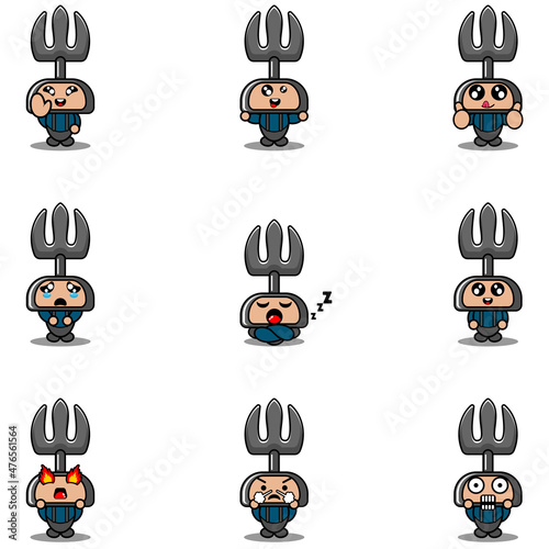 vector illustration of cartoon character mascot costume set of farmer's fork expression bundle
