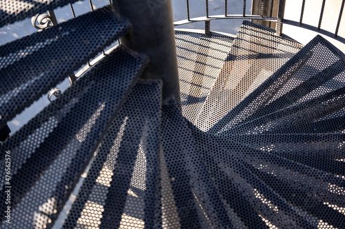 Fotografia Steel stairs, spiral staircases, small perforated steel sheets steel columns for