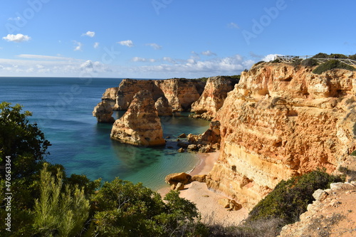 The colorful and beautiful coastline with cliffs and beaches along the Algarve in Portugal