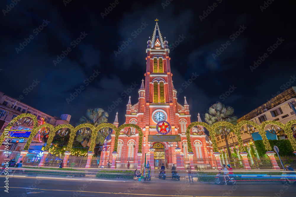 Tan Dinh church, special pink worship place in Ho Chi Minh. The sentence on the plate means Tan Dinh Catholic Church. Before Christmas Day in Vietnam.