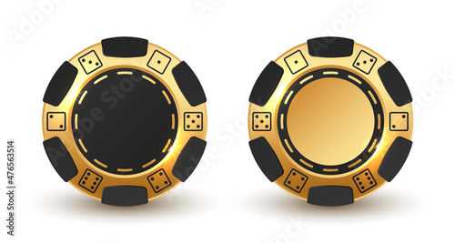 Set of black and gold poker chips, token with dots of dices on white background. Vector illustration for card, casino club, game design, flyer, poster, banner, web, advertising.