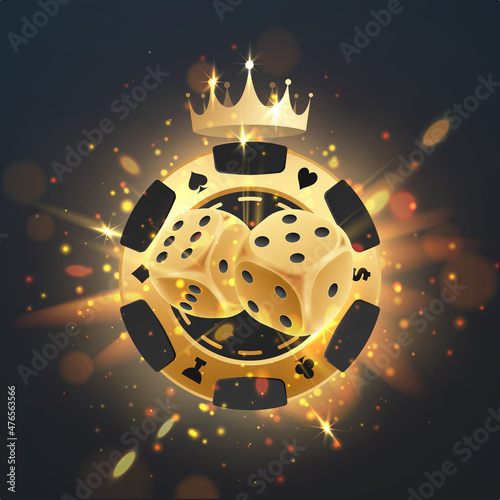 Golden with black poker chip and gold dices with light, rays, glare, sparkles and crown and letters, logo casino on black. Vector illustration for card, casino, game design, advertising.