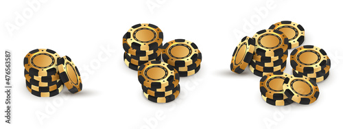 Set of three stacks of golden with black poker chips, tokens on white background. Vector illustration for casino, game design, flyer, poster, banner, web, advertising.