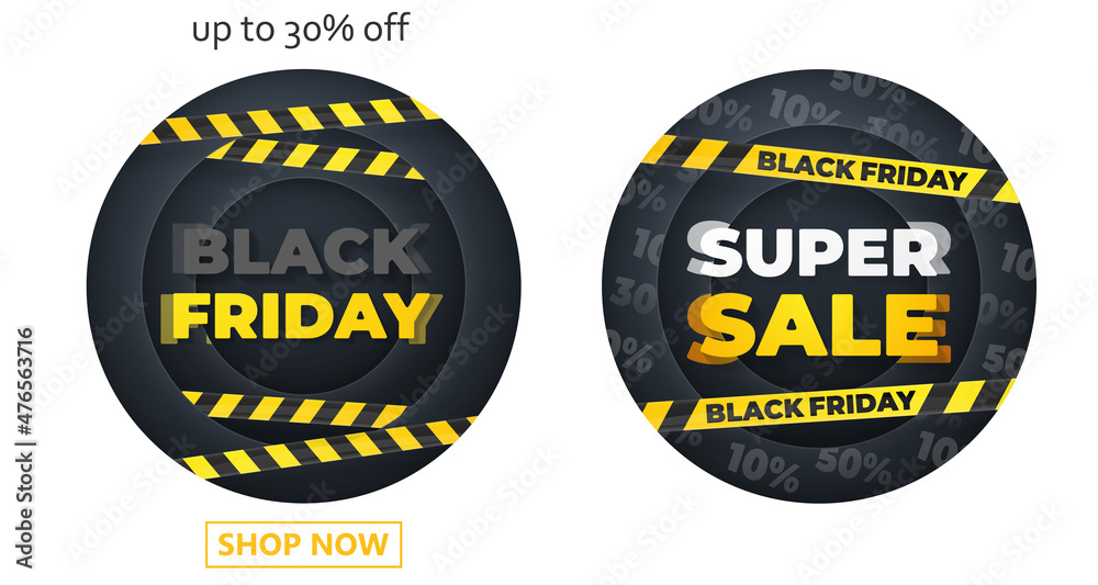 Poster for Super Sale, Black Friday with yellow barricade tape, percent, black paper cut circles and text, letters. Vector illustration for card, party, shop, flyer, offer, banner, web, advertising.