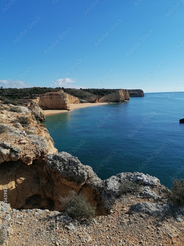 The stunning beautiful coastline landscapes along the Algarve in Portugal during sunset