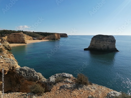 The stunning beautiful coastline landscapes along the Algarve in Portugal during sunset