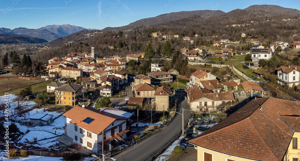 Aerial view of small Italian village Ferrera di Varese at winter season, situated in province of Varese, Lombardy, Italy