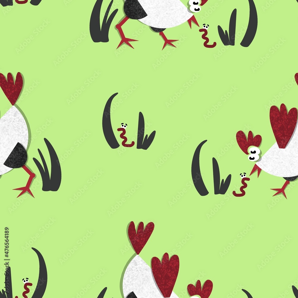 Seamless pattern of funny chickens with worms. Surprised chickens on green background in white, burgundy and black colors. Cartoon birds. Design for wrapping paper, textiles, backgrounds and other