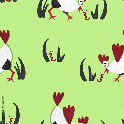 Seamless pattern of funny chickens with worms. Surprised chickens on green background in white  burgundy and black colors. Cartoon birds. Design for wrapping paper  textiles  backgrounds and other