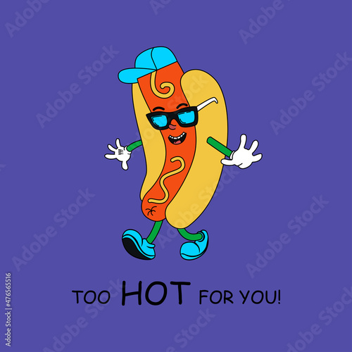 Retro fast food mascot illustrations. Old cartoon style character. Cool hot dog character in a cap and lettering