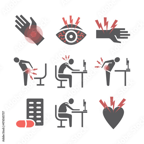 Office syndrome infographic. flat icons. Vector signs photo