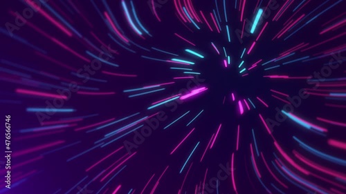 4k abstract cosmic background with alpha channel. Colorful neon glowing rays, lines in motion. Tunnel animation. Formation of a new galaxy by the big bang. Speed of light, virtual reality.