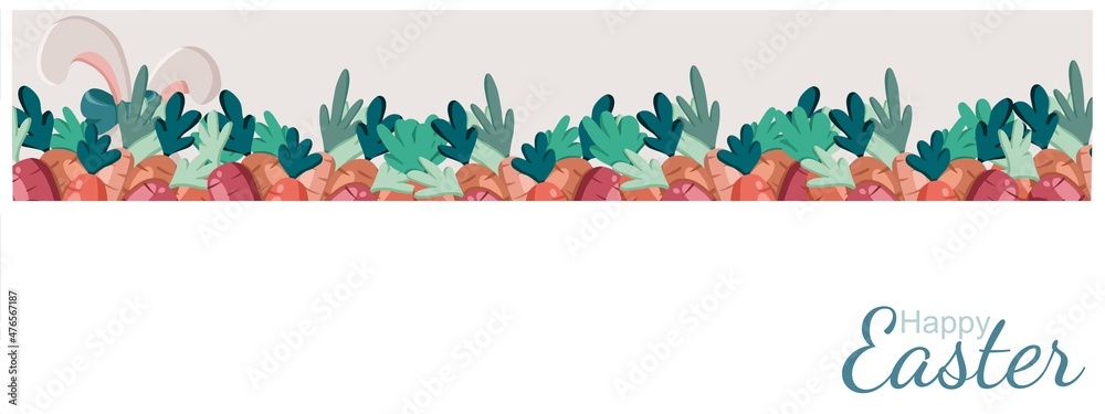 Colourful Easter horizontal banner with copy space. Carrots with Easter bunny ears. Happy Easter in trendy pastel colour. Design in cartoon style. Colourful Easter horizontal banner with copy space. Carrots with Easter bunny ears. Happy Easter in trendy pastel colour. Design in cartoon style.
