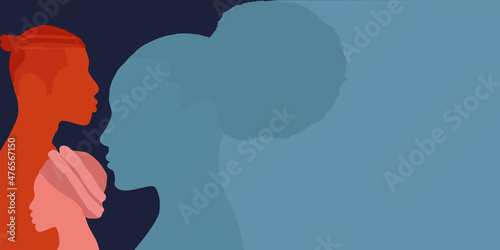Silhouette face head in profile ethnic group of black African and African American men and women. Racial equality and justice - Identity. Racial discrimination. Racism. Banner copy space