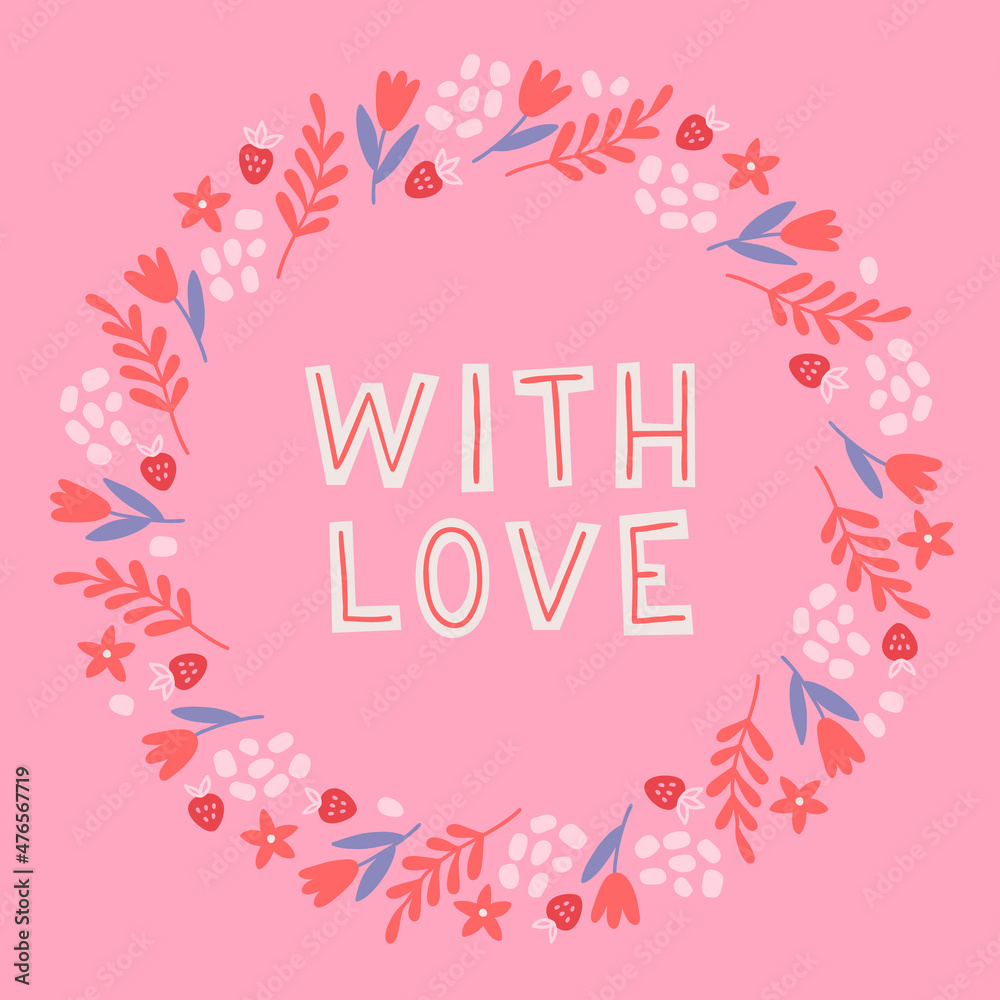 Valentine's Day wreath with tulips, hearts and leaves. Vector illustration