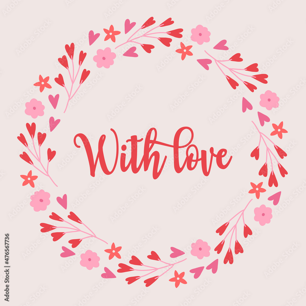 Valentine's Day wreath with flowers, leaves and hearts. Vector illustration
