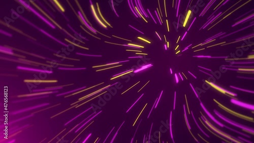 4k abstract cosmic background. Colorful neon glowing rays, lines in motion. Tunnel animation. Formation of a new galaxy by the big bang. Speed of light, virtual reality.