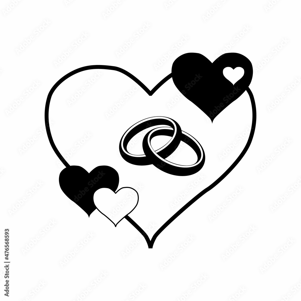 Wedding rings in heart. Silhouette of rings with hearts for the holiday. Valentine's Day. Vector illustration Wedding rings in heart. Silhouette of rings with hearts for the holiday. Valentine's Day. Vector illustration