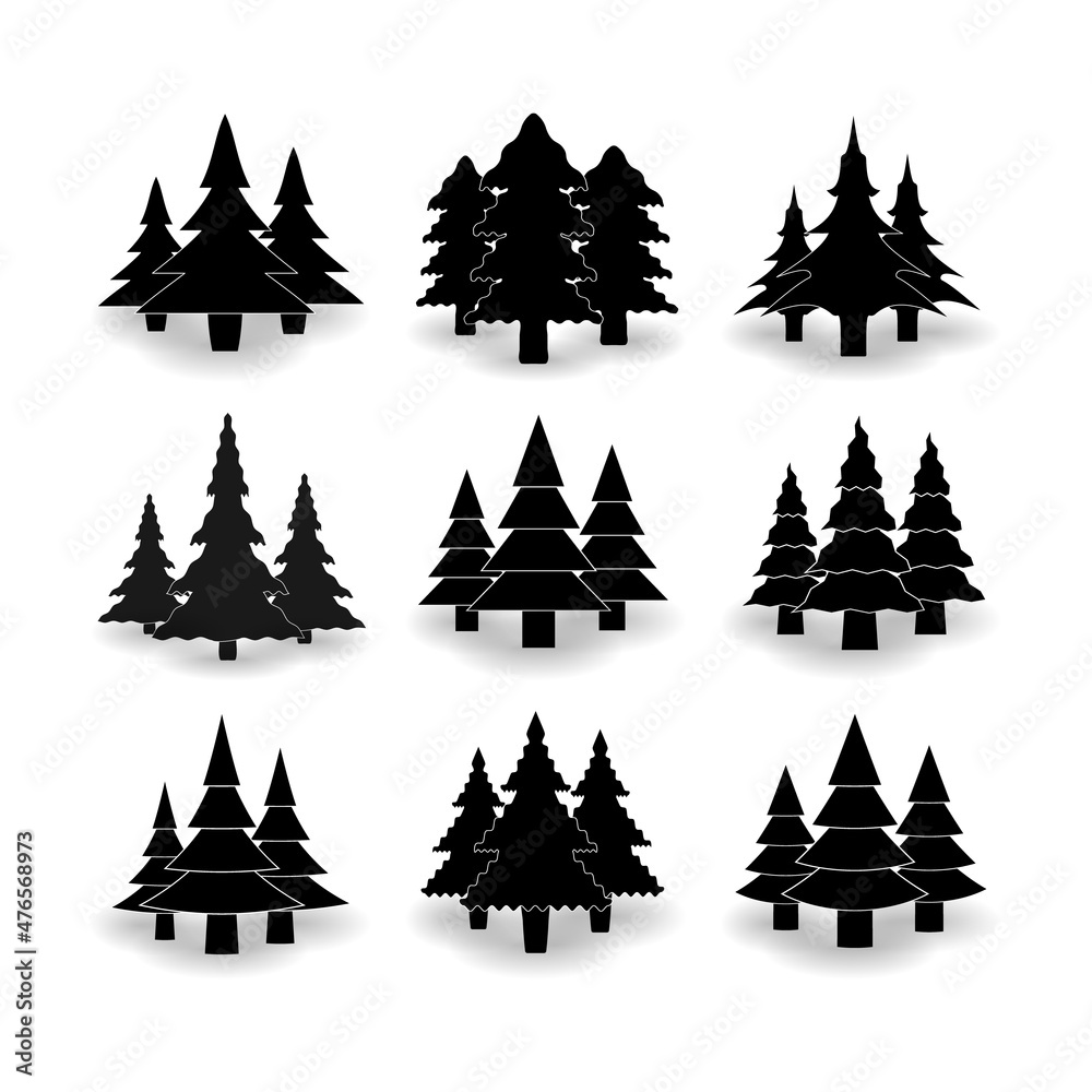 Obraz premium Christmas tree icons of different sizes and different shapes with a shadow on a white background.