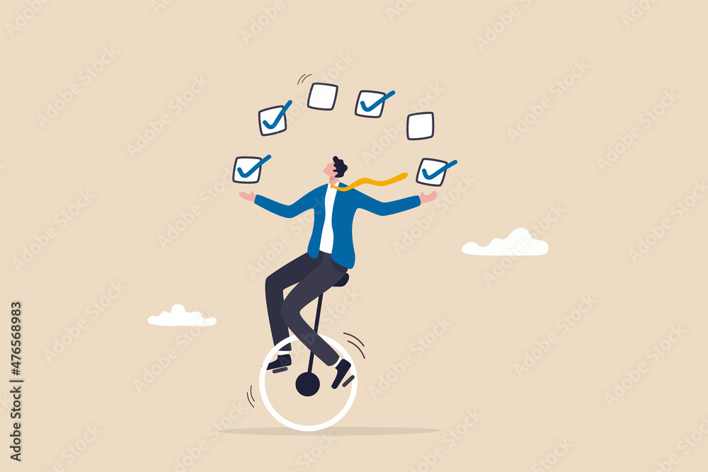 Todo list professional, business or work accomplishment, project management to track completed tasks or checklist to check for completion concept, businessman juggling checkbox on unicycle. - obrazy, fototapety, plakaty 