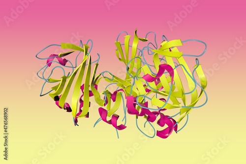 Crystal structure of the fibrinogen-like domain of human angiopoietin-3. Ribbons diagram in secondary structure coloring based on protein data bank. Scientific background. 3d illustration
