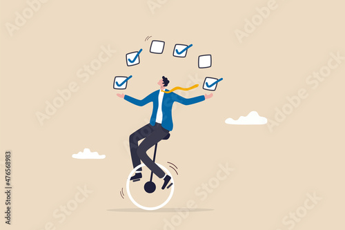 Todo list professional, business or work accomplishment, project management to track completed tasks or checklist to check for completion concept, businessman juggling checkbox on unicycle.