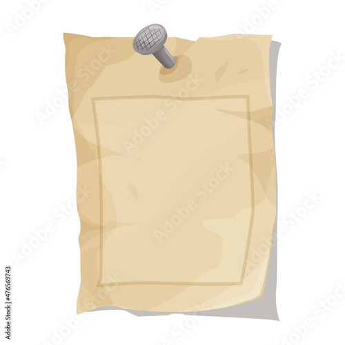 Beige pinned by nail old sheet of paper on a white background. Template with place for text. A rustic note for westerns. Vector illustration