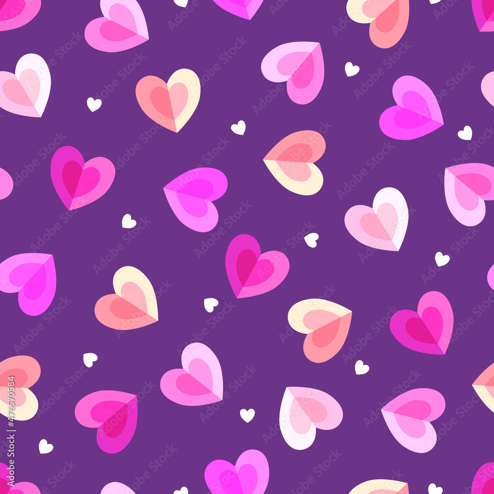 Colorful big hearts and little white hearts on a purple background. Seamless cute pattern. Valentine day, celebration. Suitable for wrapping paper.