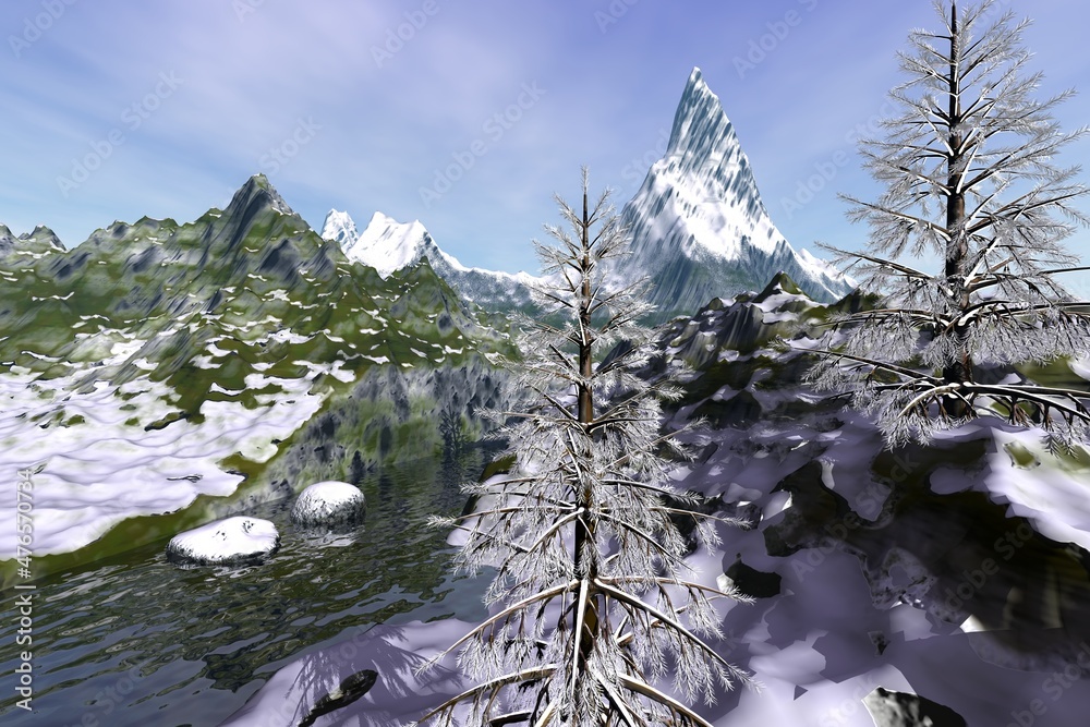 Snow everywhere, an alpine landscape, stones in the river and coniferous trees.