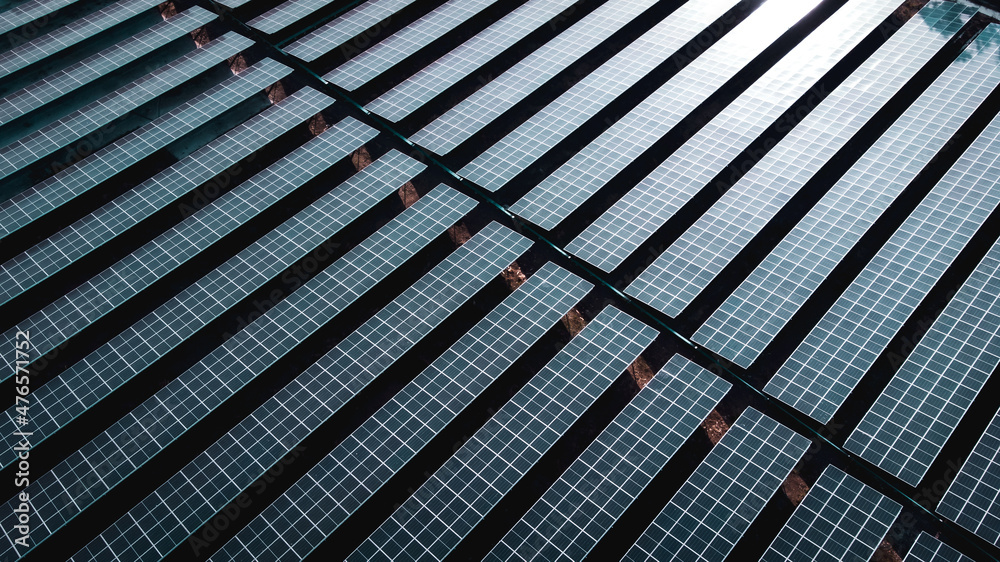 Solar cell panel from aerial view. Photo landscape of a solar farm producing clean energy.