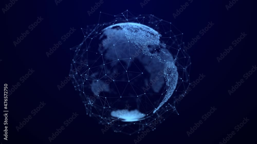 Virtual planet Earth with particles and lines. Network connection big data. Abstract technology blue background. 3D rendering.