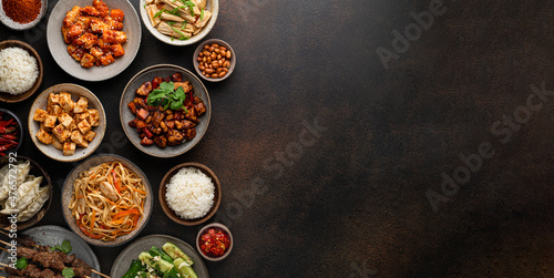  chinese traditional food on dark background, top view, banner