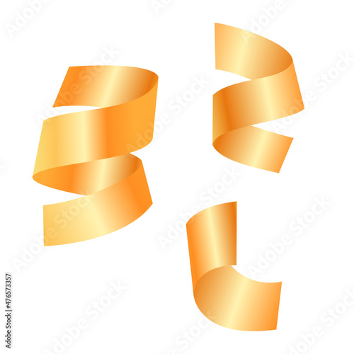 Golden streamer and many shiny confetti elements are falling and scattering. Elements for design of greeting card, birthday, sale and other design.